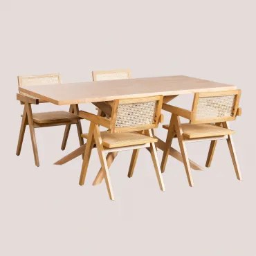 Conjunto De Mesa De Jantar Retangular 180x90 Cm Arnaiz E 4 Cadeiras Com Apoios De Braços Em Madeira De Freixo E Rattan Lali Madeira Natural - Sklum