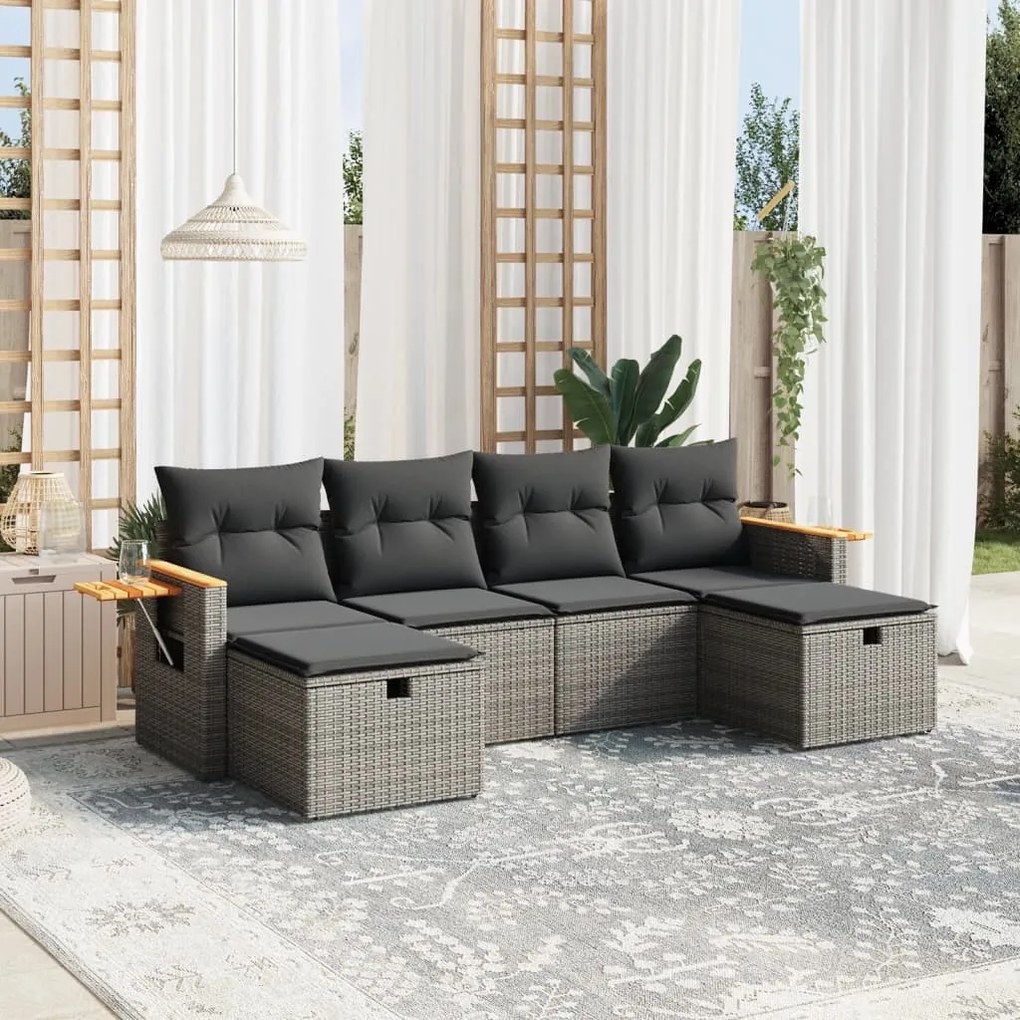 6 pcs conjunto sofás de jardim com almofadões vime cinzento