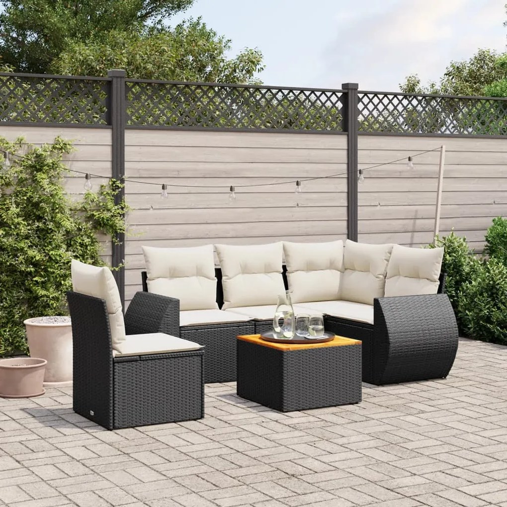 6 pcs conjunto sofás de jardim c/ almofadões vime PE preto
