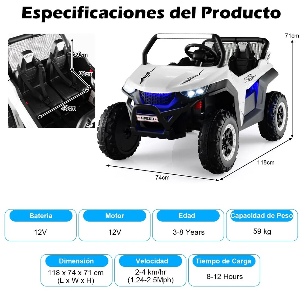 Carro elétrico com bateria de 12V para crianças UTV de 2 lugares com controlo remoto 2.4G Música de alta/baixa velocidade 3 a 8 anos 118 x 74 x 71 cm