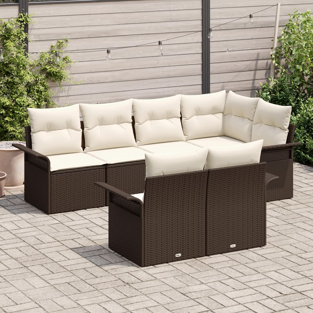 Conjunto de Sofá de Jardim vidaXL 7 Peças com Almofadas Castanho Vime,