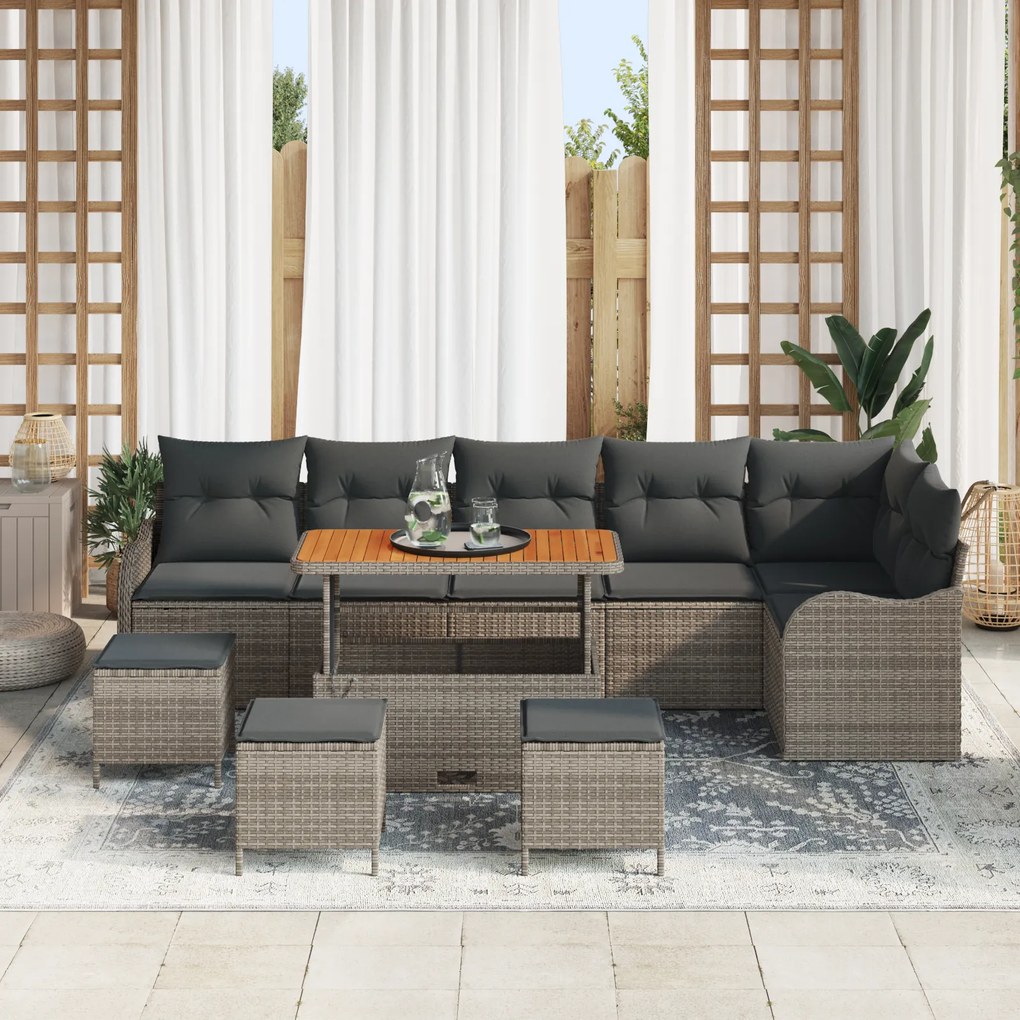 Conjunto de Sofá para Jardim vidaXL com Almofadas Cinza Poliratan Acác