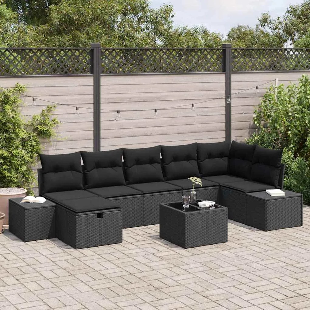 vidaXL Conjunto de Sofá de Jardim de 8 Peças com Almofadas Preto Polirattan
