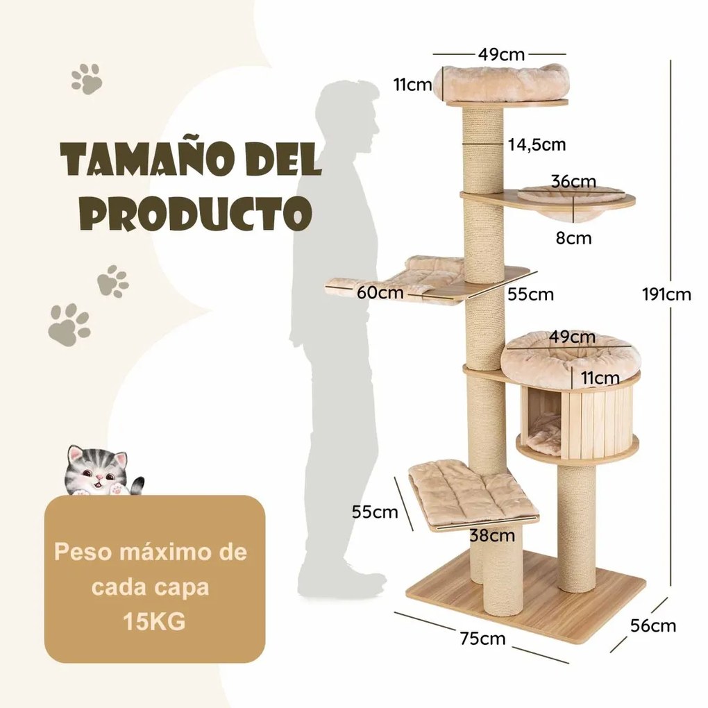 Arranhador para gatos Altura 191 cm Centro de atividades para gatos com poleiro espaçoso Rede postes para arranhar e tapetes laváveis Bege
