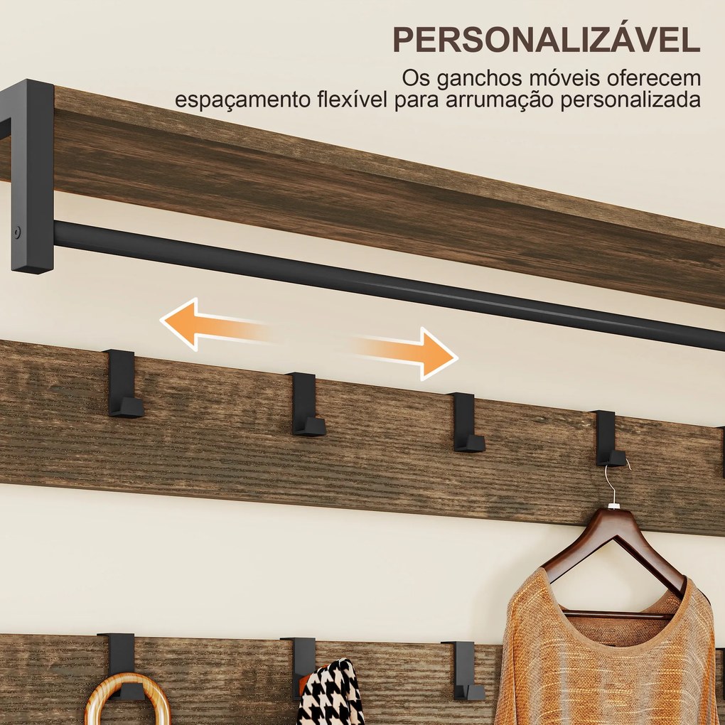 Móvel Cabide de Entrada com Banco 10 Ganchos 2 Gavetas e Barra para Pendurar Estilo Industrial 100x40x180 cm Castanho Rústico