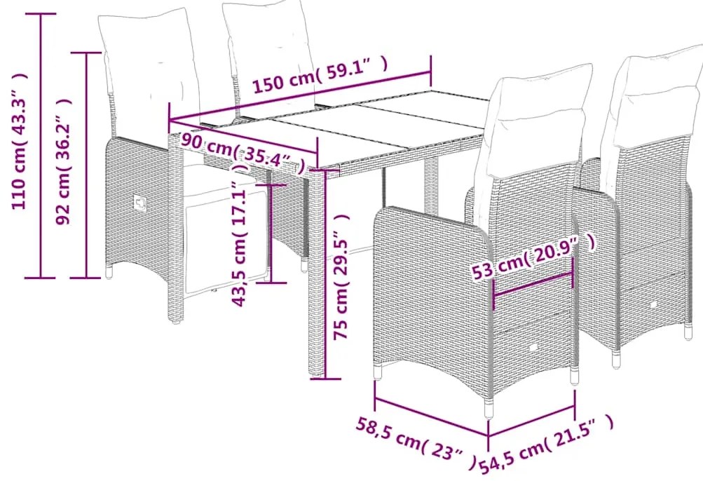 5 pcs conjunto bistrô de jardim c/ almofadões vime PE cinza