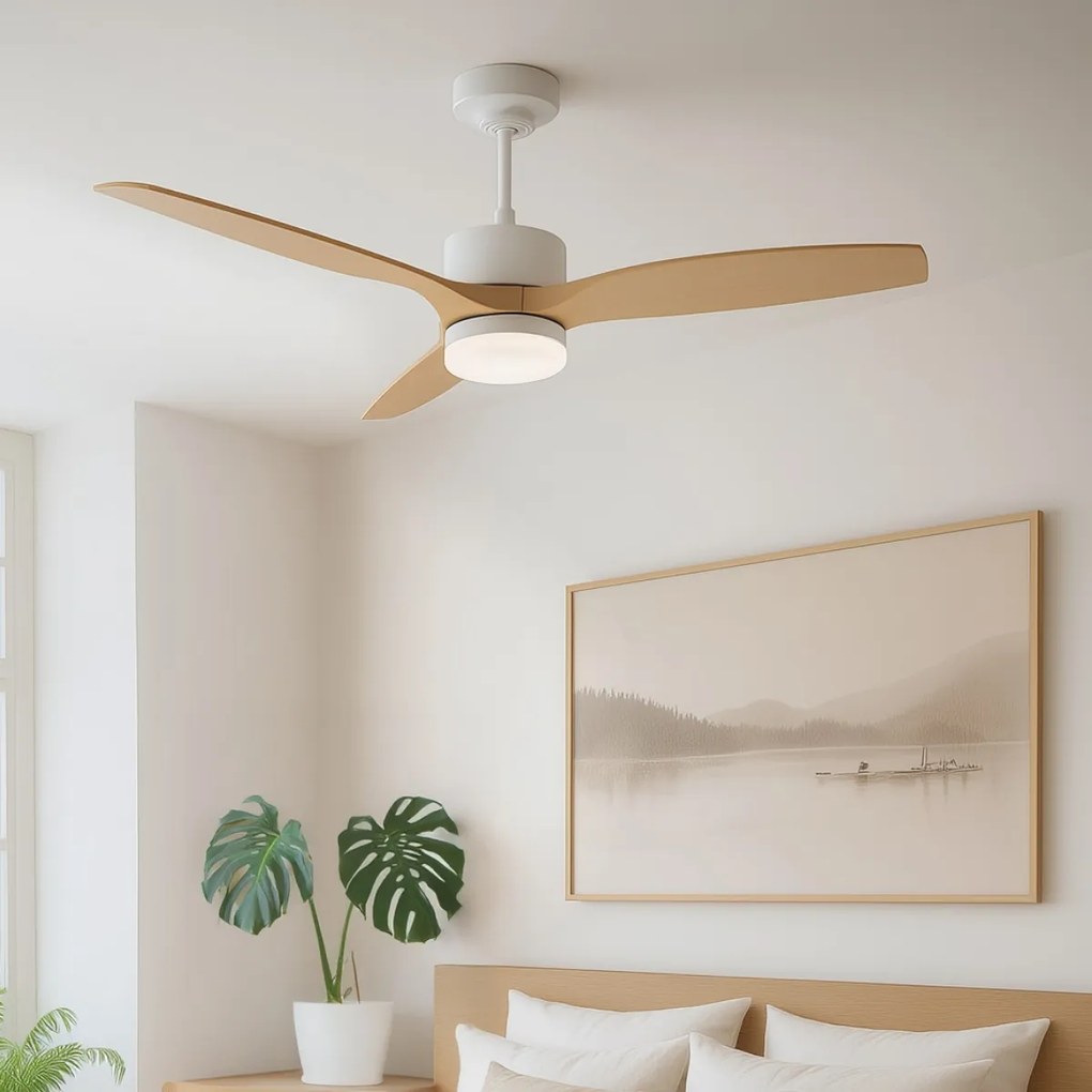 Ventoinha de Teto Branca com Efeito Madeira 132cm Com LED Regulável e Controlo Remoto - Joly