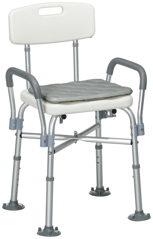 Cadeira de Duche para Idosos com Encosto Apoios de Braço Altura Ajustável Almofada Acolchoada Removível 53,5x52x80-90 cm Branco