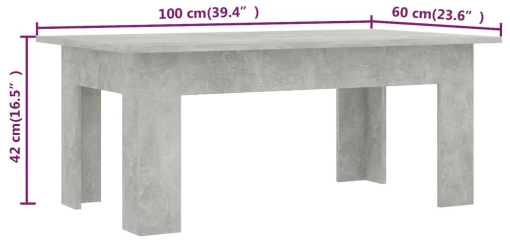 Mesa de centro 100x60x42 cm contraplacado cinzento cimento