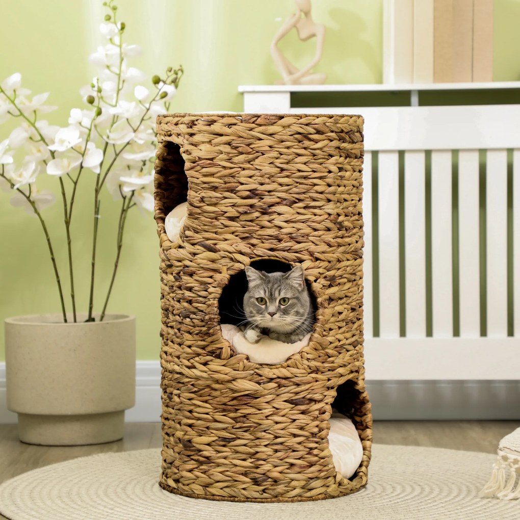 Torre de Arranhar para Gatos com 3 Níveis, 40 x 40 x 73 cm, 3 Esconderijos Acolhedores, Castanho-claro