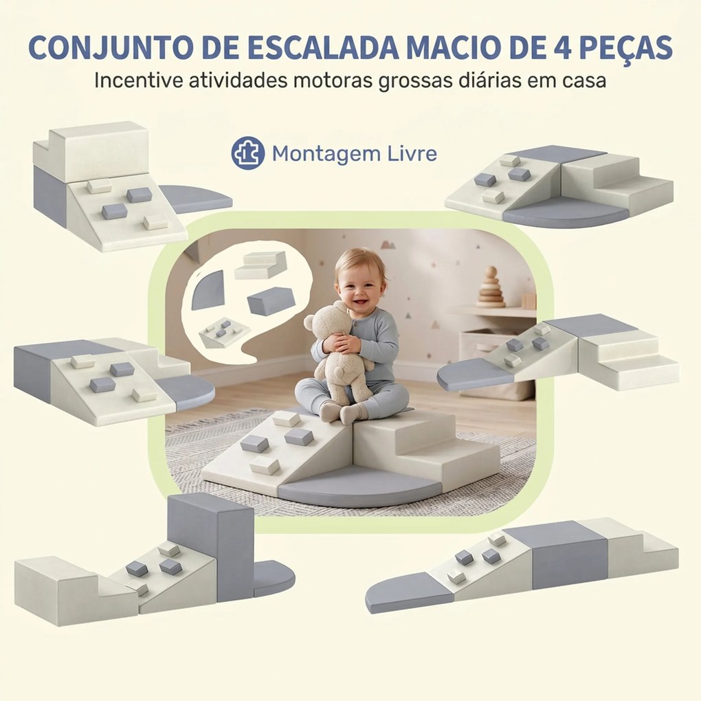 Conjunto de 4 Blocos de Espuma para Psicomotricidade, Escalar e Gatinhar, 1-3 Anos, Cinzento-claro e Bege