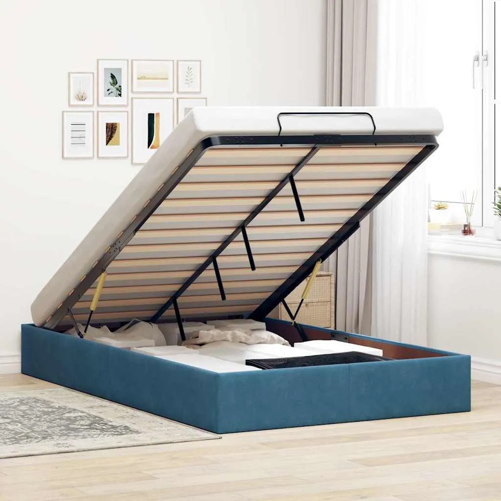 Ottoman Bed Frame No Colchão Azul Escuro 120x190 cm Veludo