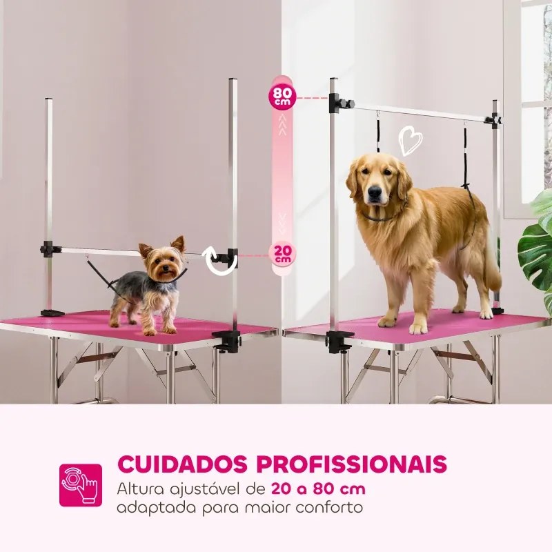 Mesa de Tosquia para Cães Dobrável Mesa de Higiene com Prateleira Metálica Superfície Antiderrapante 107x60x164 cm, Rosa