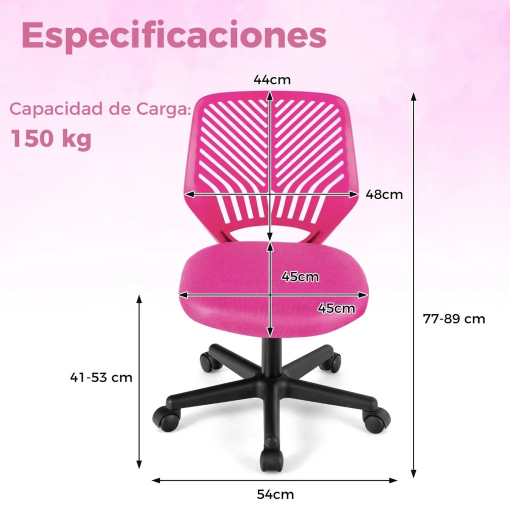 Cadeira de secretária ergonómica para crianças, ajustável em altura Cadeira giratória sem braços com rodas universais para o escritório em casa Rosa