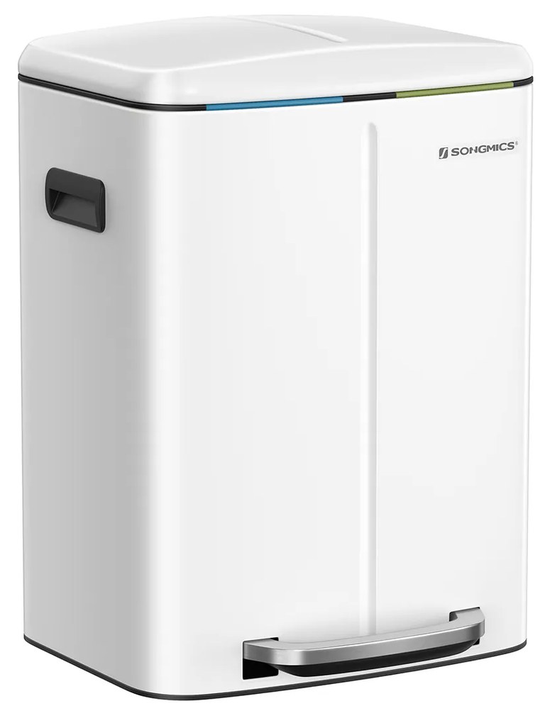 SONGMICS Lixeira Dupla, 2 Lixeiras de Cozinha de 20 L, Lixeira de Metal com Dois Compartimentos, com Baldes Internos de Plástico, Tampas e Alças de Fecho Suave, Selo de Odor, Branca LTB40WT