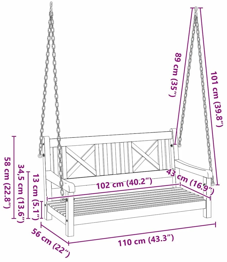 Banco de Balanço para Jardim de 2 Lugares 110x56x58 cm de Madeira Sóli