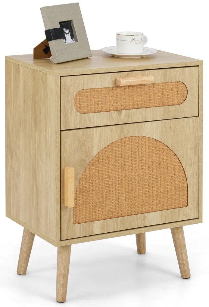 Mesa de cabeceira 45 x 30 x 61 cm de vime com gaveta e porta decorado com pernas de madeira maciça Natural
