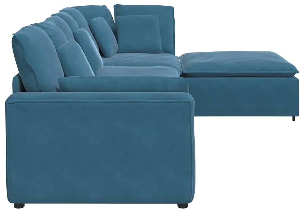 Sofá modular com pufes e almofadas veludo azul