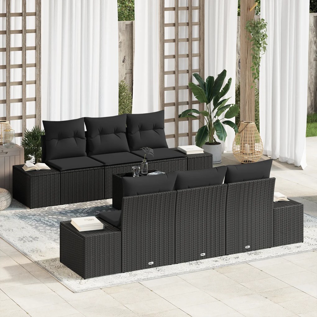 Conjunto de Sofá de Jardim de 7 Peças com Almofadas Preto em Rattan Si