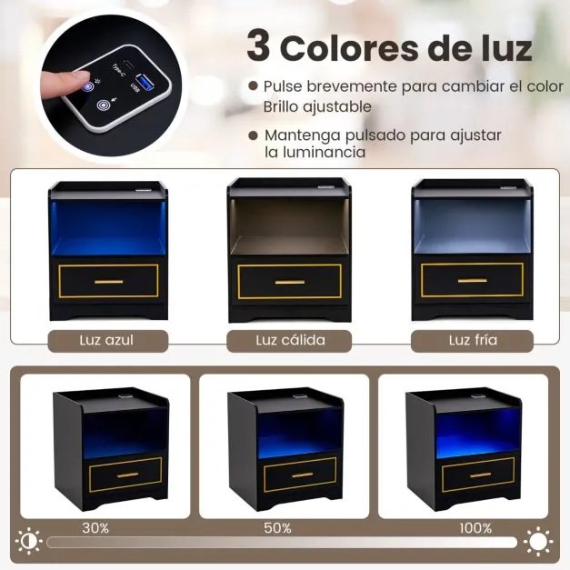 Mesa de cabeceira LED com Estante Gaveta Porta USB 3 Cores de Luz e Iluminação Ajustável para Quarto 45 x 40 x 50 cm Preto