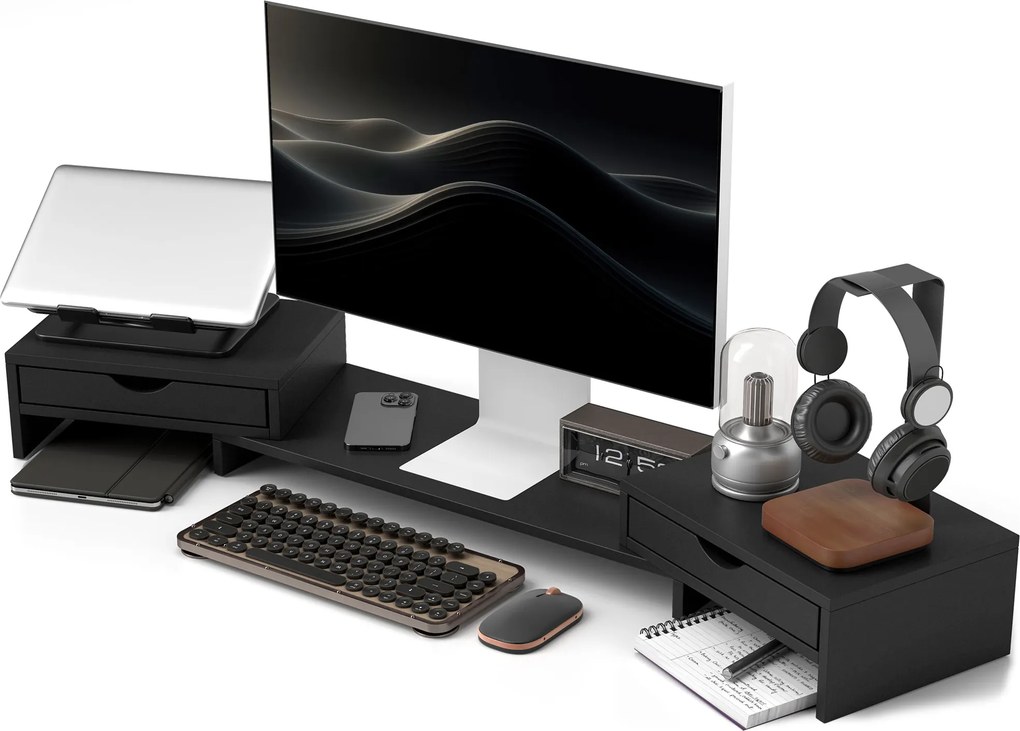 Suporte elevador para ecrã de computador de secretária, suporte para ecrã de computador de 60 a 116 cm com 2 gavetas, comprimento e ângulo ajustáveis,