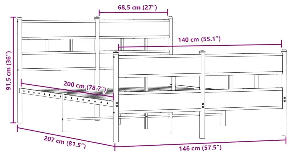 Estrutura de cama sem colchão 140x200 cm metal carvalho sonoma