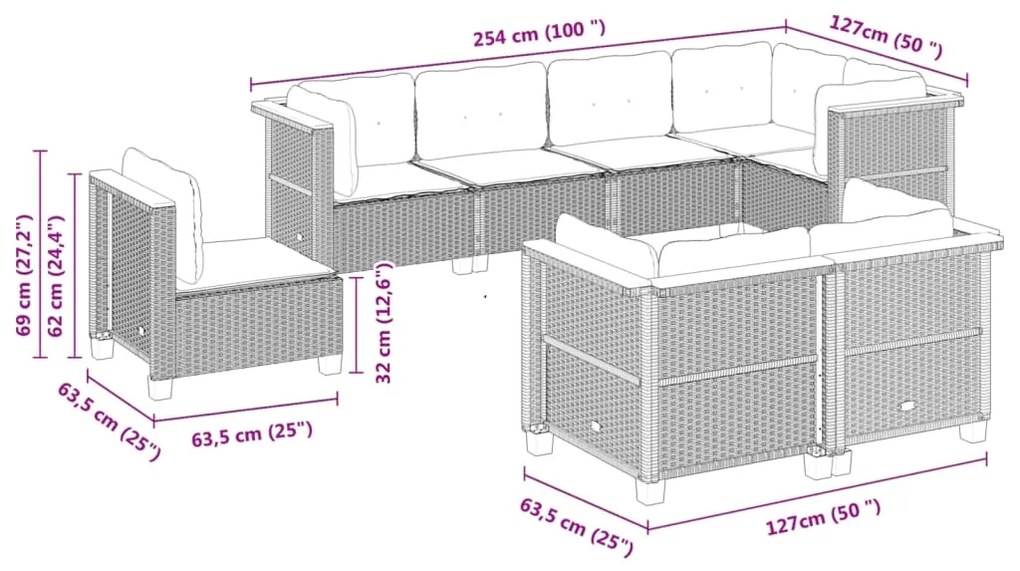 8 pcs conjunto de sofás p/ jardim com almofadões vime PE bege