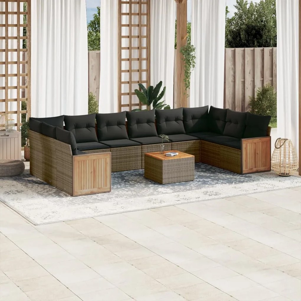 11 pcs conjunto sofás de jardim c/ almofadões vime PE cinzento