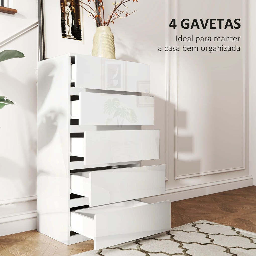 Cómoda com 4 Gavetas de Madeira Cómoda de Dormitório Cómoda Branca Estilo Moderno 55x33x80 cm Branco Brilhante