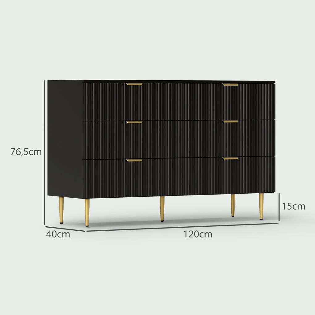 Cómoda de 6 gavetas, móvel de arrumação moderno para quarto com puxadores e pés dourados, 120 x 40 x 76,5 cm, preto