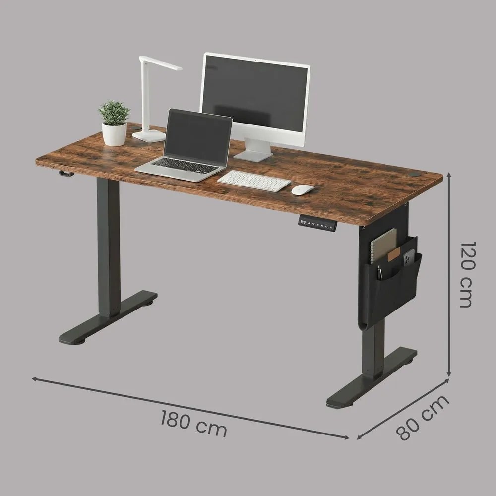 Secretária elétrica com altura ajustável, 180 x 80 x (72-120) cm função de memória castanha