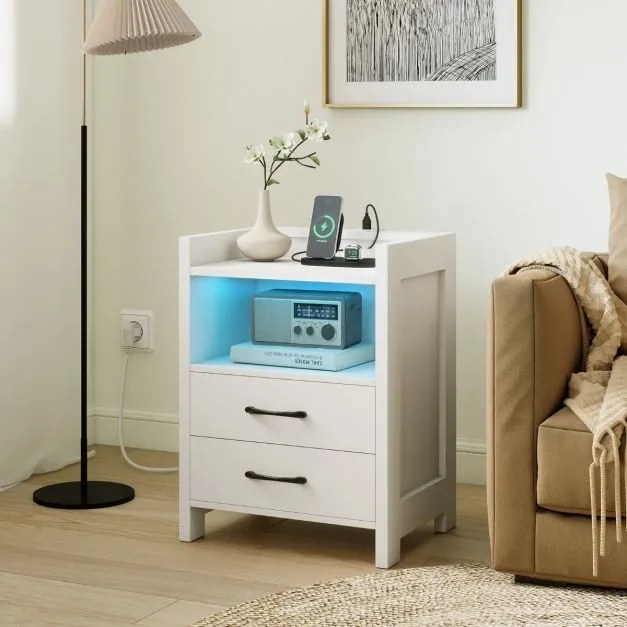 Mesa de cabeceira 45 x 35 x 60 cm com luzes LED e tomadas com 2 gavetas e prateleira aberta Branca