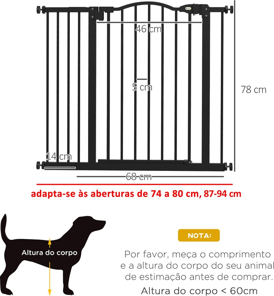Barreira de Segurança para Cães com Largura Ajustável 74-94 cm e Extensão para Escadas e Portas Preto