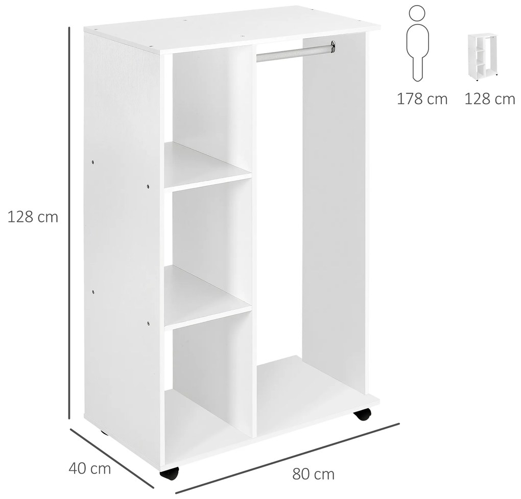Guarda Roupa de Madeira Móvel Armário Roupeiro Aberto com Barra para Pendurar e 3 Prateleiras Organizadoras 80x40x128cm Branco