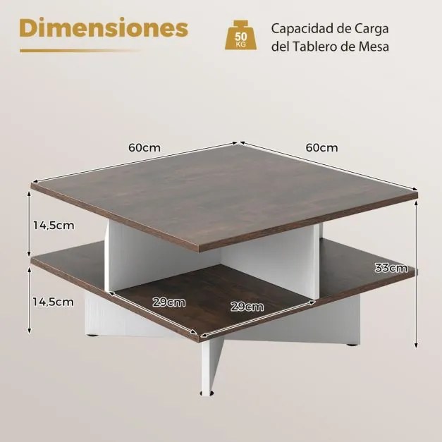 Mesa de centro quadrada 60 x 60 x 32,5 cm de 2 níveis com 4 compartimentos de armazenamento Base em forma de cruz Castanho rústico