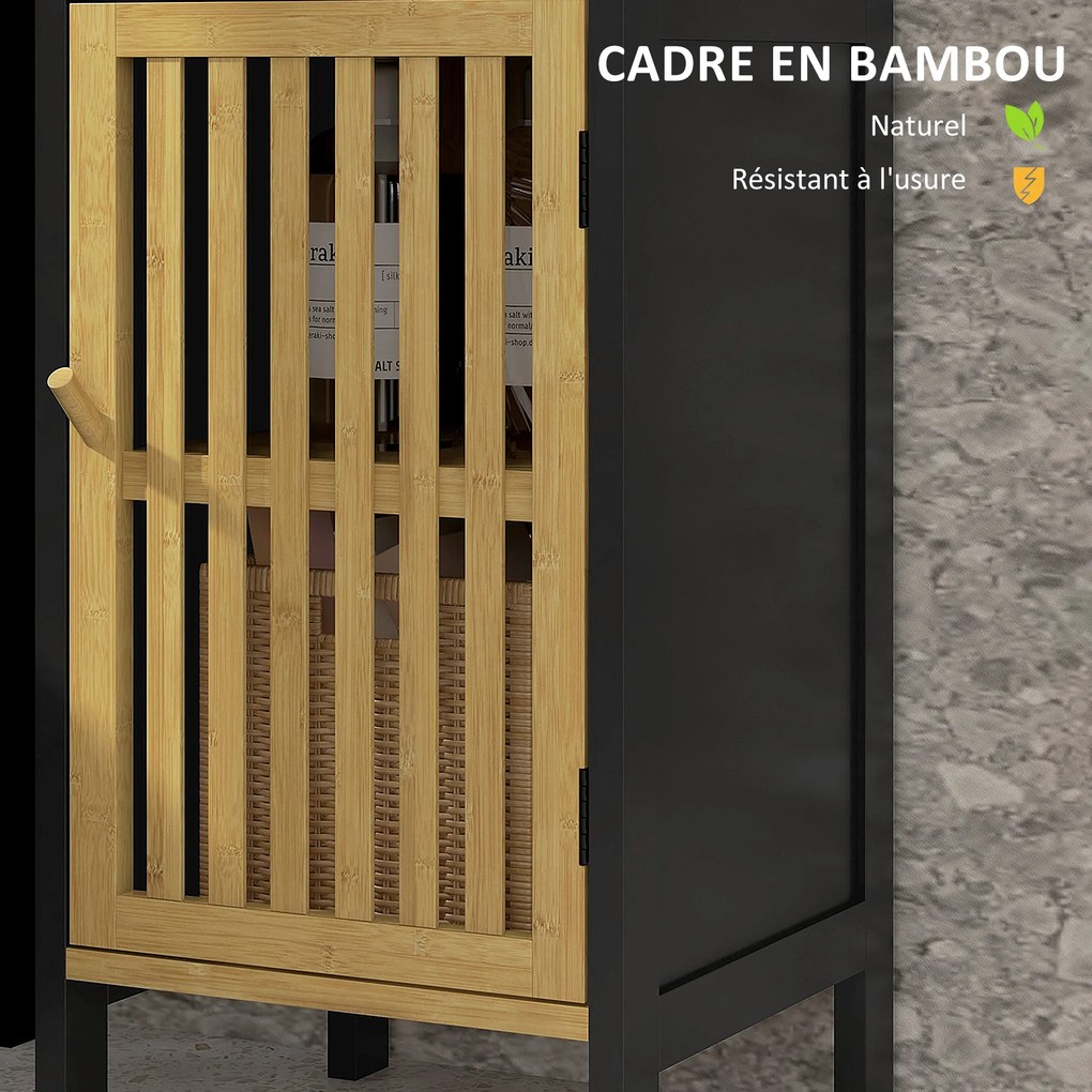 Móvel baixo de casa de banho 32 x 30 x 90,5 cm em bambu com armário de 1 porta e compartimento aberto, preto e cor madeira