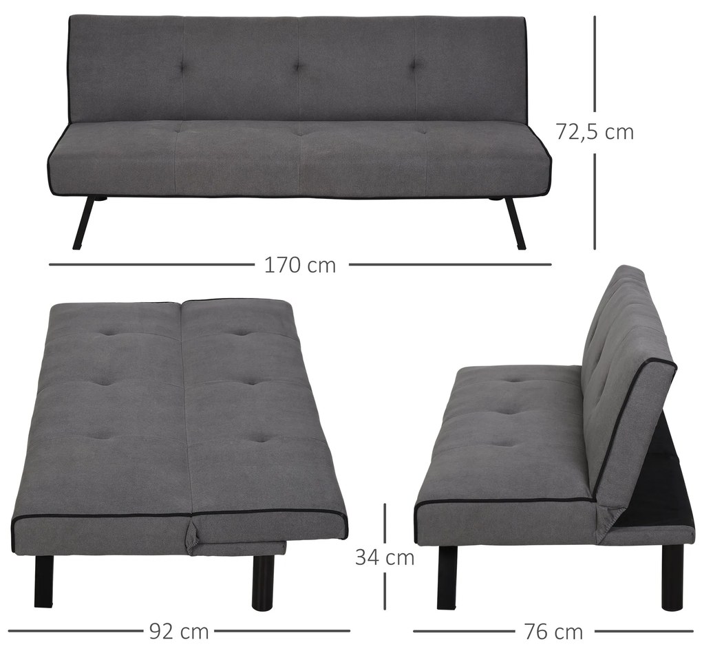 Sofá-cama de 3 lugares Projeto 2 em 1 com pernas levantadas Acolchoado 170x76x72,5 cm Cinza