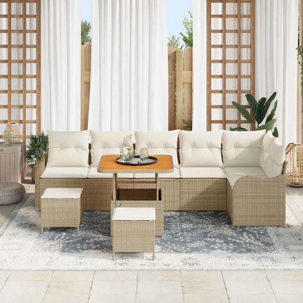 Conjunto de Sofá de Jardim 9 Peças com Almofadas Bege em Rattan e Acác
