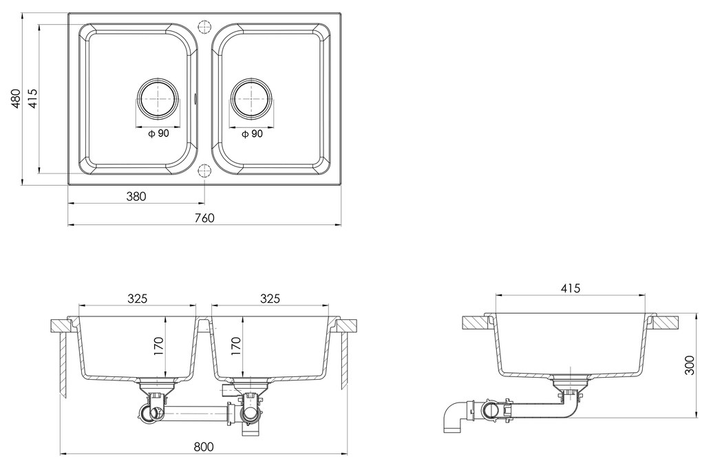 Pia de Cozinha Cinza 760x480x184 mm Granito
