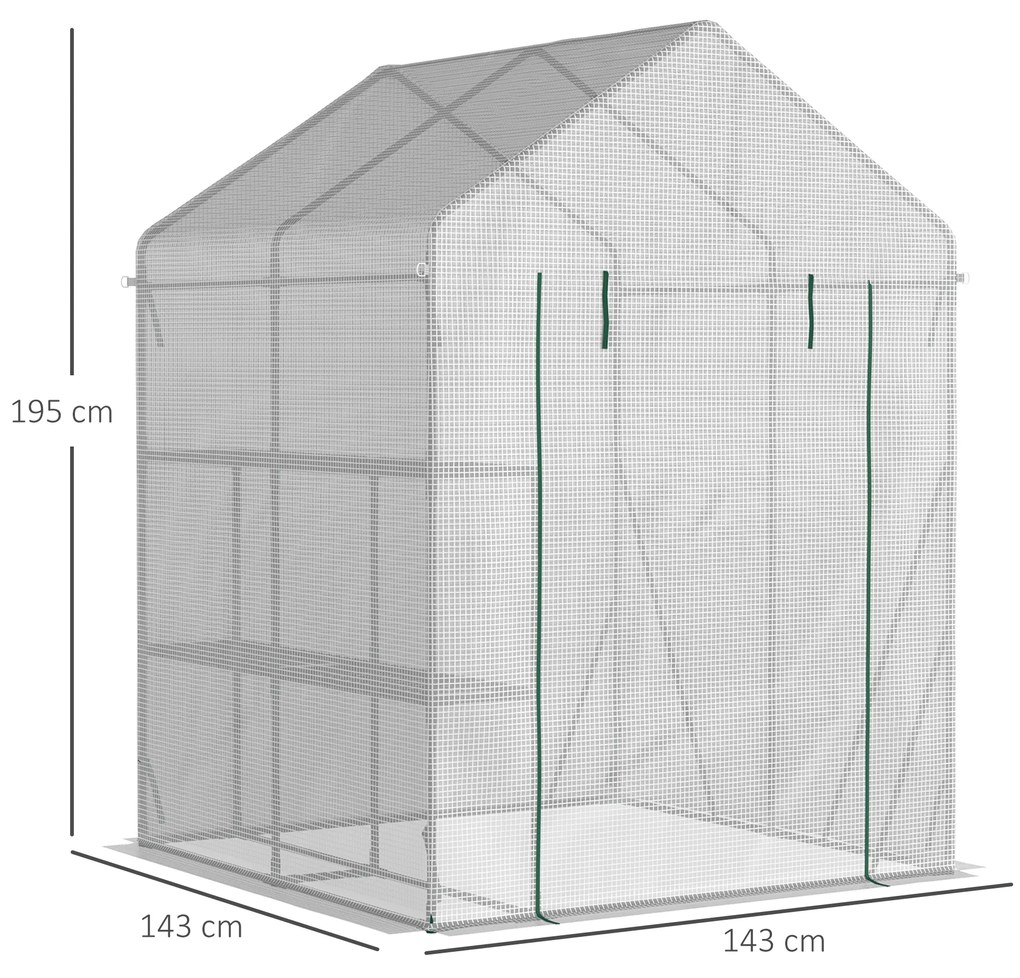Outsunny Estufa de Jardim 143x143x195cm Estufa de Aço com 2 Prateleiras Porta e 2 Janelas Enroláveis para Cultivo de Plantas Vasos de Flores Pátio Exterior Branco