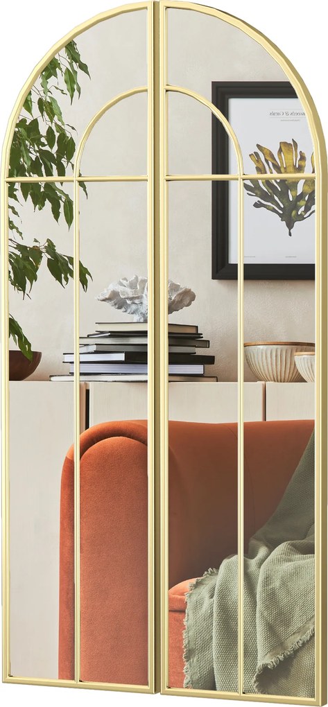 Espelho de parede em forma de arco, 30 x 120 cm, grande espelho decorativo com moldura metálica, para sala de estar, quarto, corredor, tom dourado
