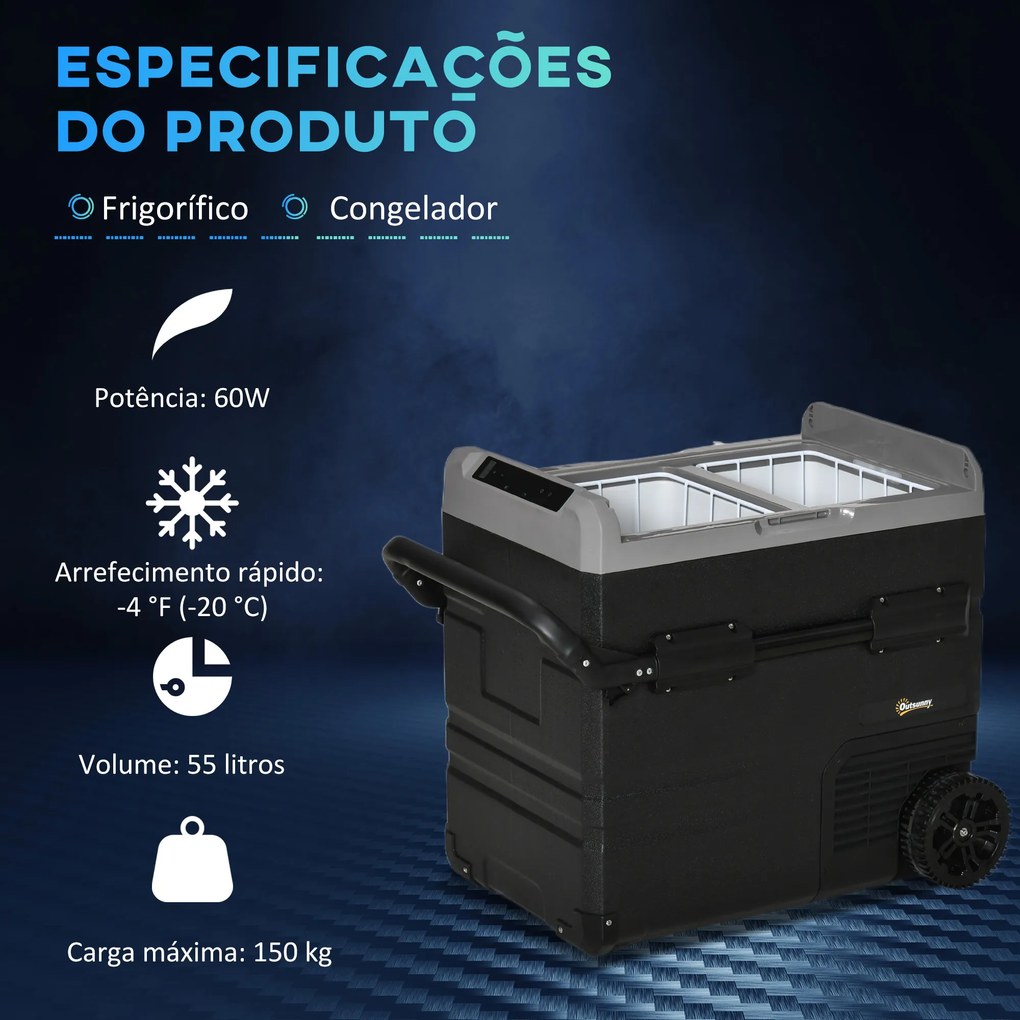 Outsunny Geleira de Compressor Portátil 55L Geleira Elétrica de Carro CC 12V/24V Temperatura até -20℃ com Tela Tátil Alça Retrátil e Rodas 71,1x46x57,1cm Preto