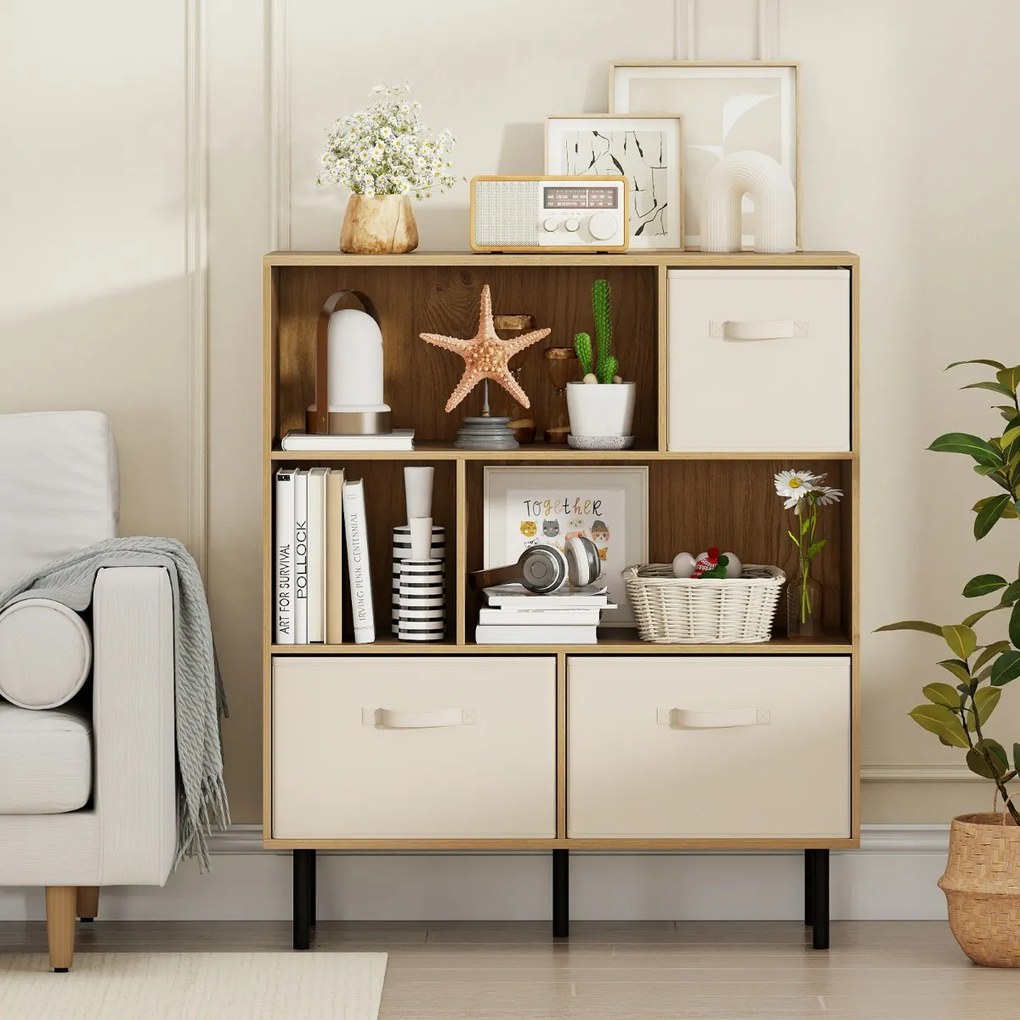 Estante com 6 cubos 90 x 40 x 105 cm e com 3 gavetas de tecido dobráveis e removíveis moderno Natural