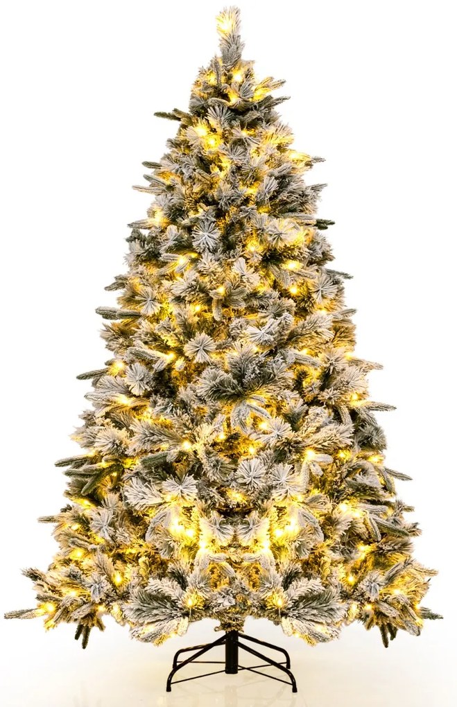 Árvore de Natal artificial de 210 cm com neve e abeto iluminado com 300 luzes LED brancas quentes