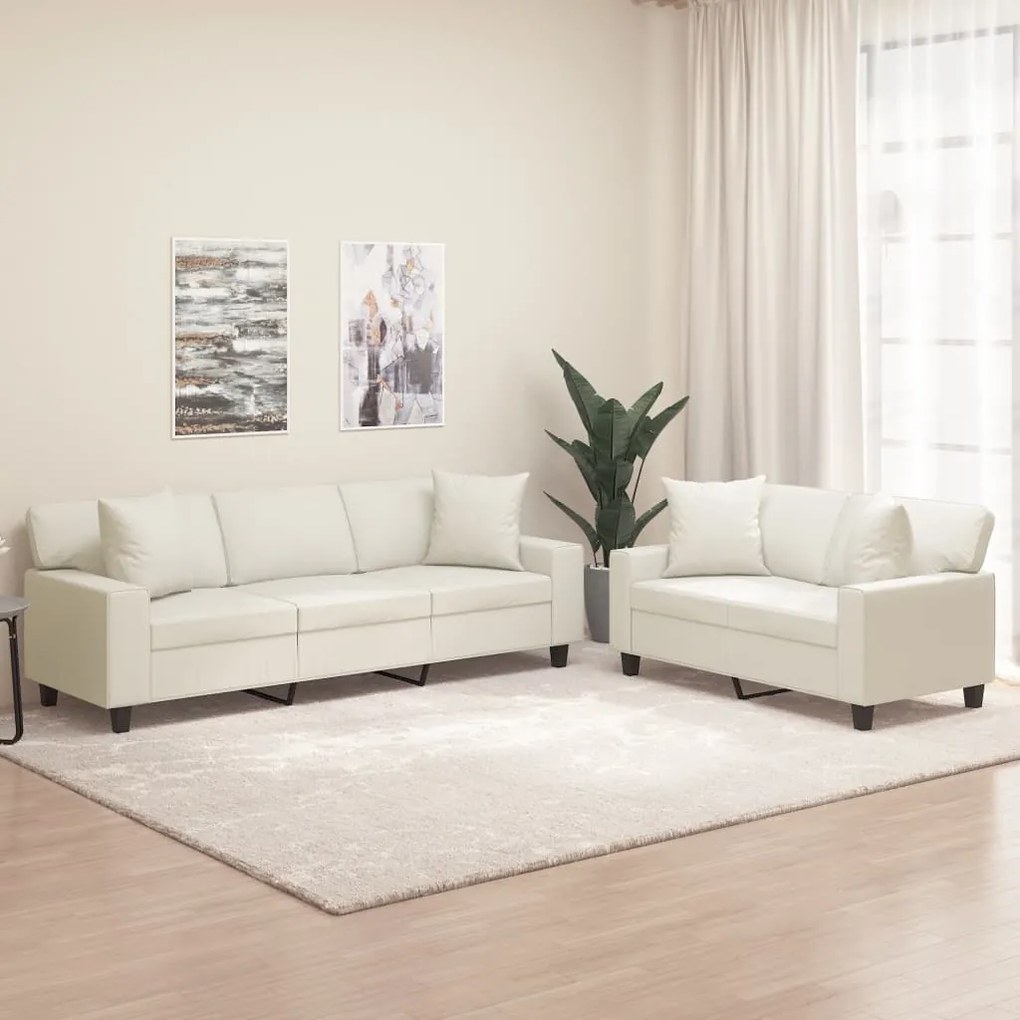 vidaXL 2 pcs conjunto sofás c/ almofadas/almofadões couro artif. creme