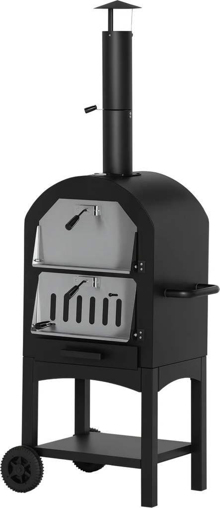 Forno de pizza exterior a carvão vegetal - Churrasqueira com rodas - Aço ao carbono preto-acinzentado