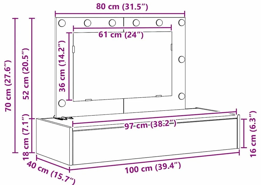 Mesa de Toucador Suspensa com Luzes LED Madeira Antiga