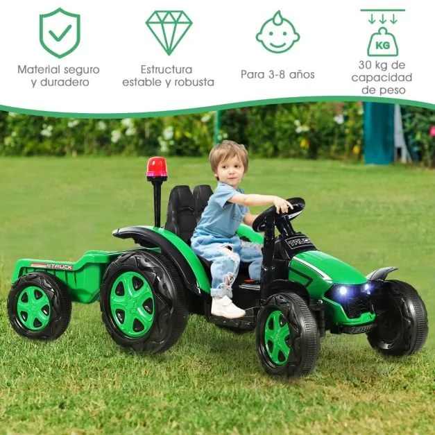 Trator elétrico 12V com reboque para crianças 3-8 anos Inclui controlo remoto 2,4 G 151 x 68 x 70 cm Verde