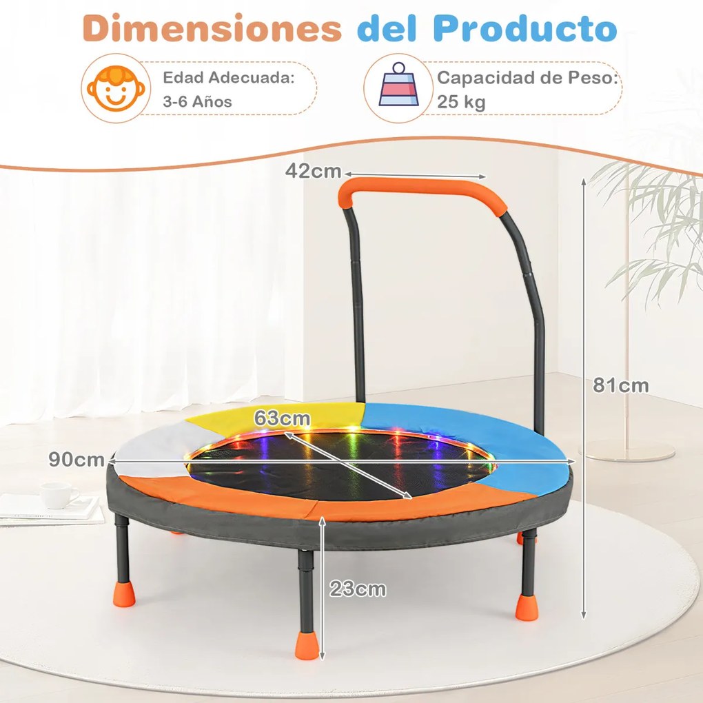 Mini trampolim de 90 cm para crianças com luzes dobrável para interior e exterior com barra de espuma e cobertura de segurança Multicolorido