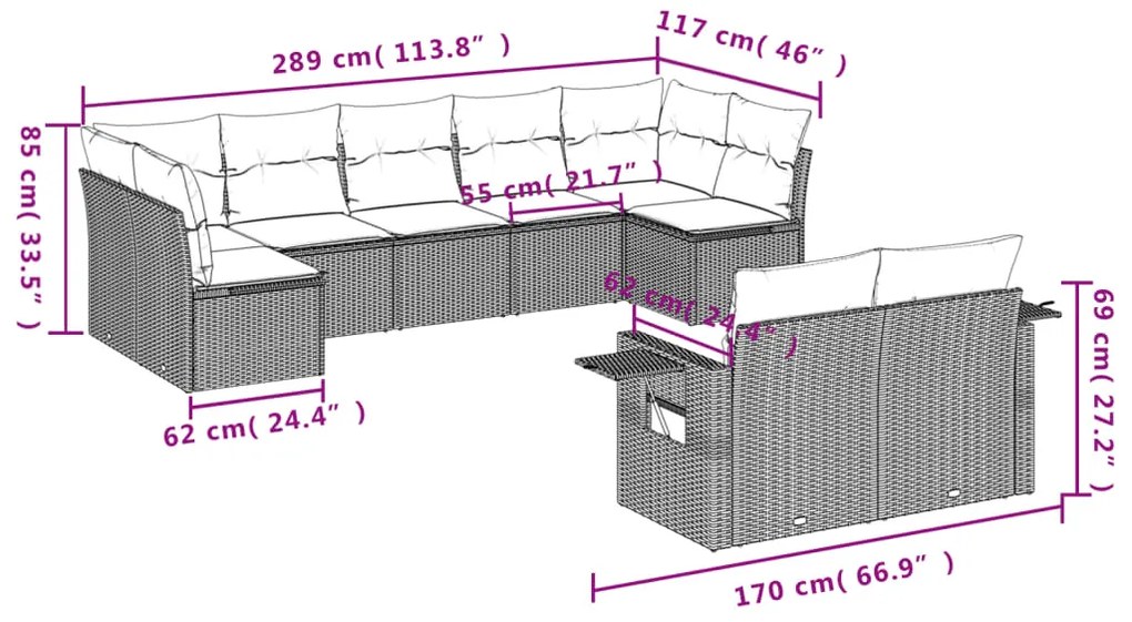 9 pcs conjunto sofás p/ jardim c/ almofadões vime PE castanho